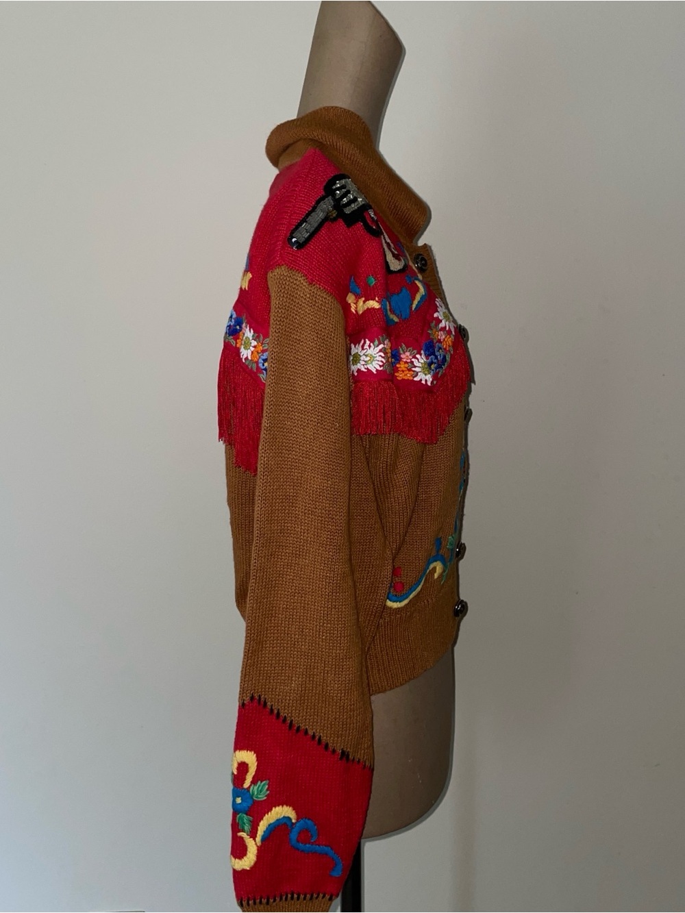 Embroidered Brown & Red‎ Fringe Button-Up Cardigan - Picture 7 of 10